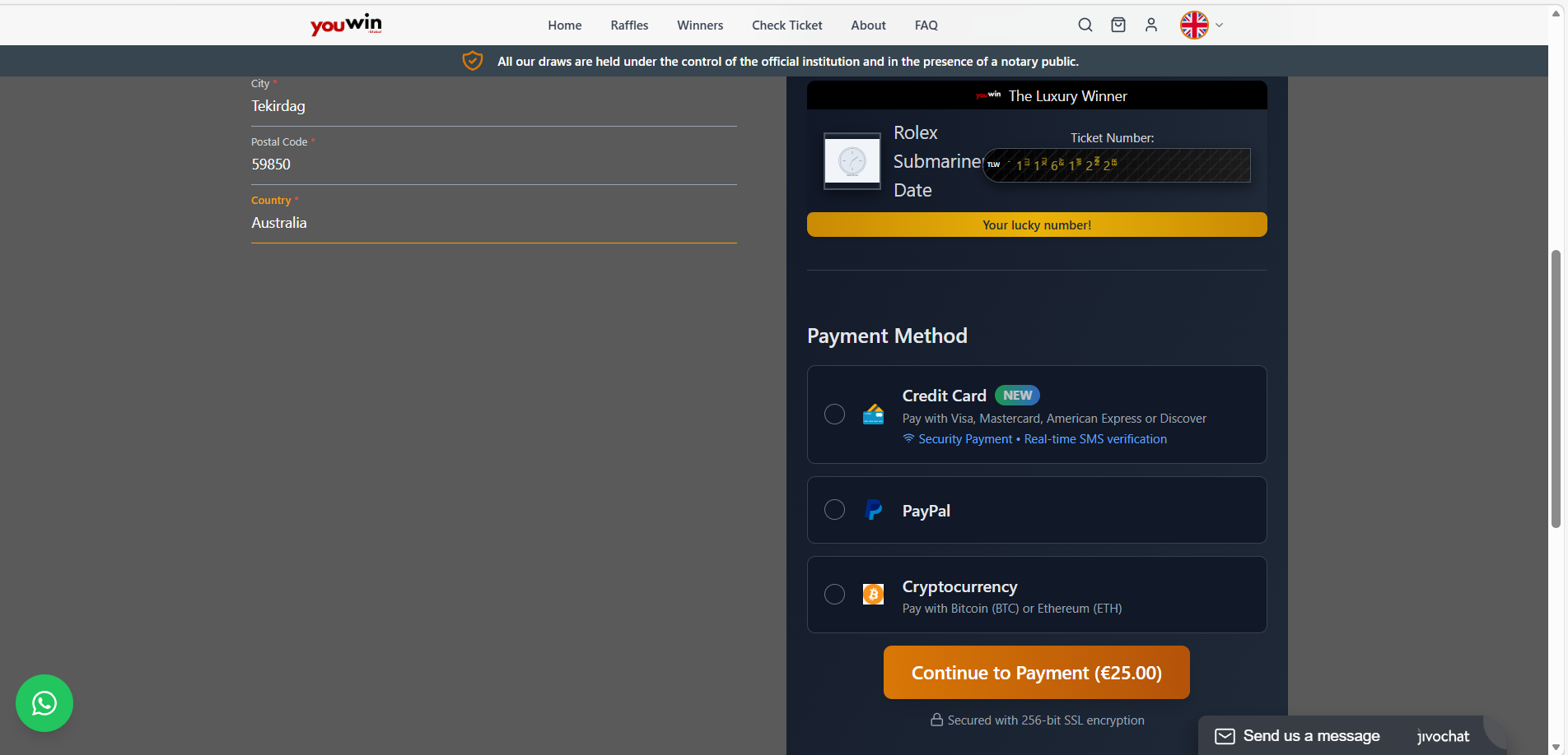 Luxury Watch Raffle checkout ekranı