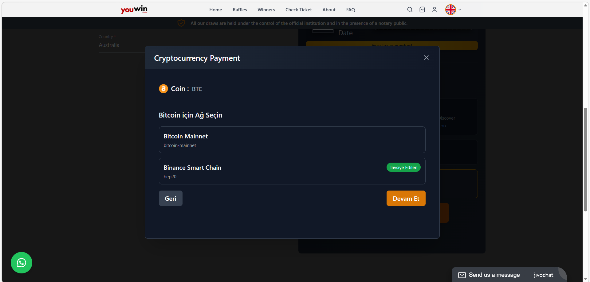 Kripto ağ seçim ekranı